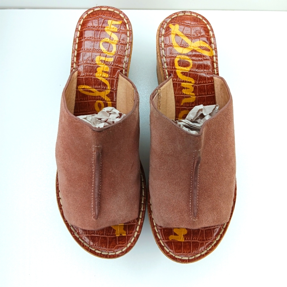 Sam Edelman Suede Leather sandals, clogs Platform shoes color light brown tan.